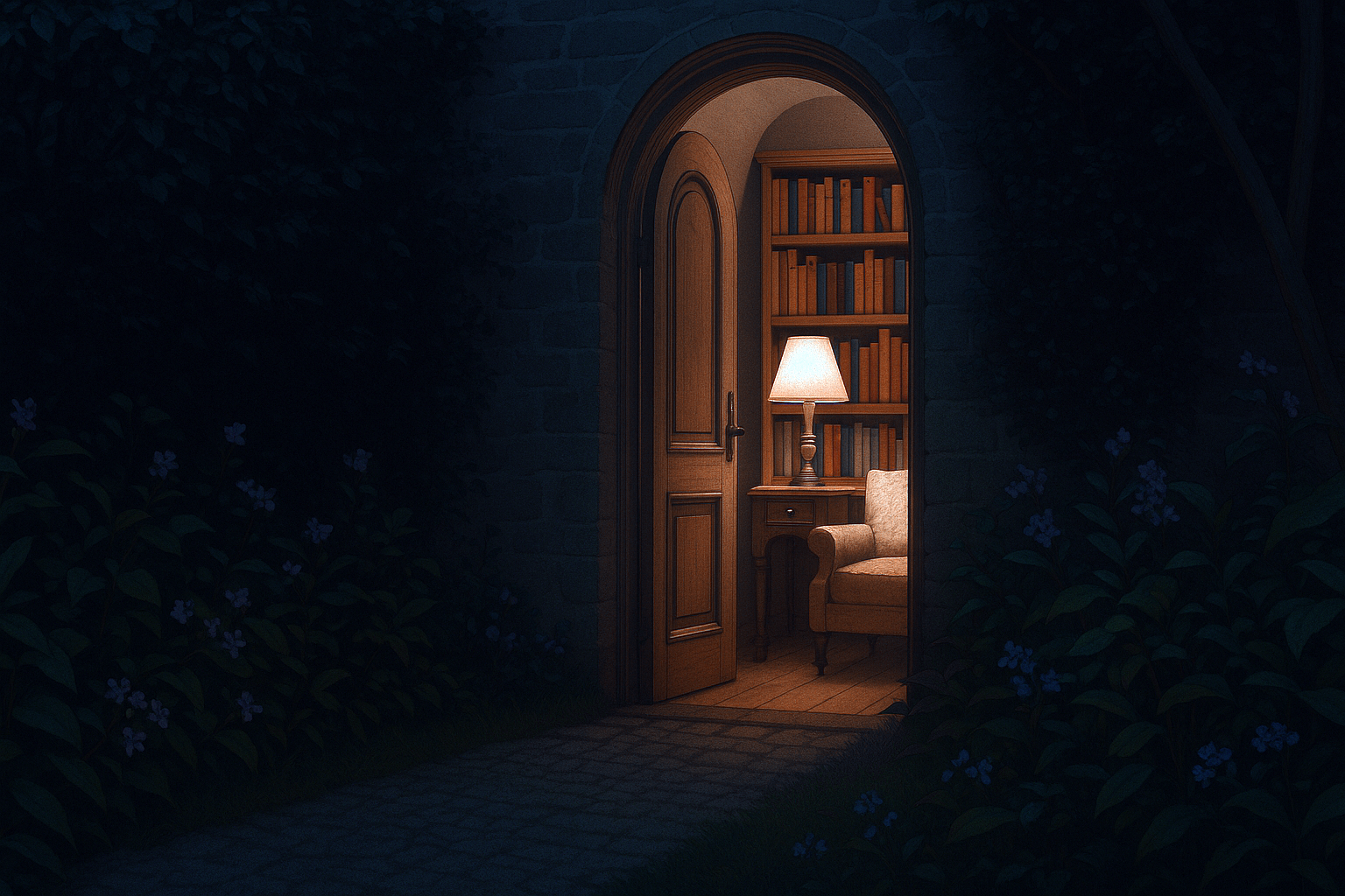 In a hidden garden at night, illuminated by a soft starlight, to the side, a partially open ornate arched wooden door hints at a warm interior. Through the gap, a cozy reading nook with a comfortable armchair, a small table with a lamp, and shelves filled with books will be subtly visible, creating a sense of mystery and invitation